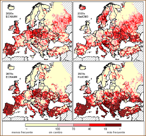 Proyecciones de cambios en los patrones de frecuencias de sequías en la región europea. En España y Portugal los modelos proyectan que las sequías actuales que tienen un periodo de retorno de 100 años pasarán a tener, por término medio, un periodo de retorno de 10 años para el horizonte temporal del año 2070. Fuente: 4AR IPCC 2007